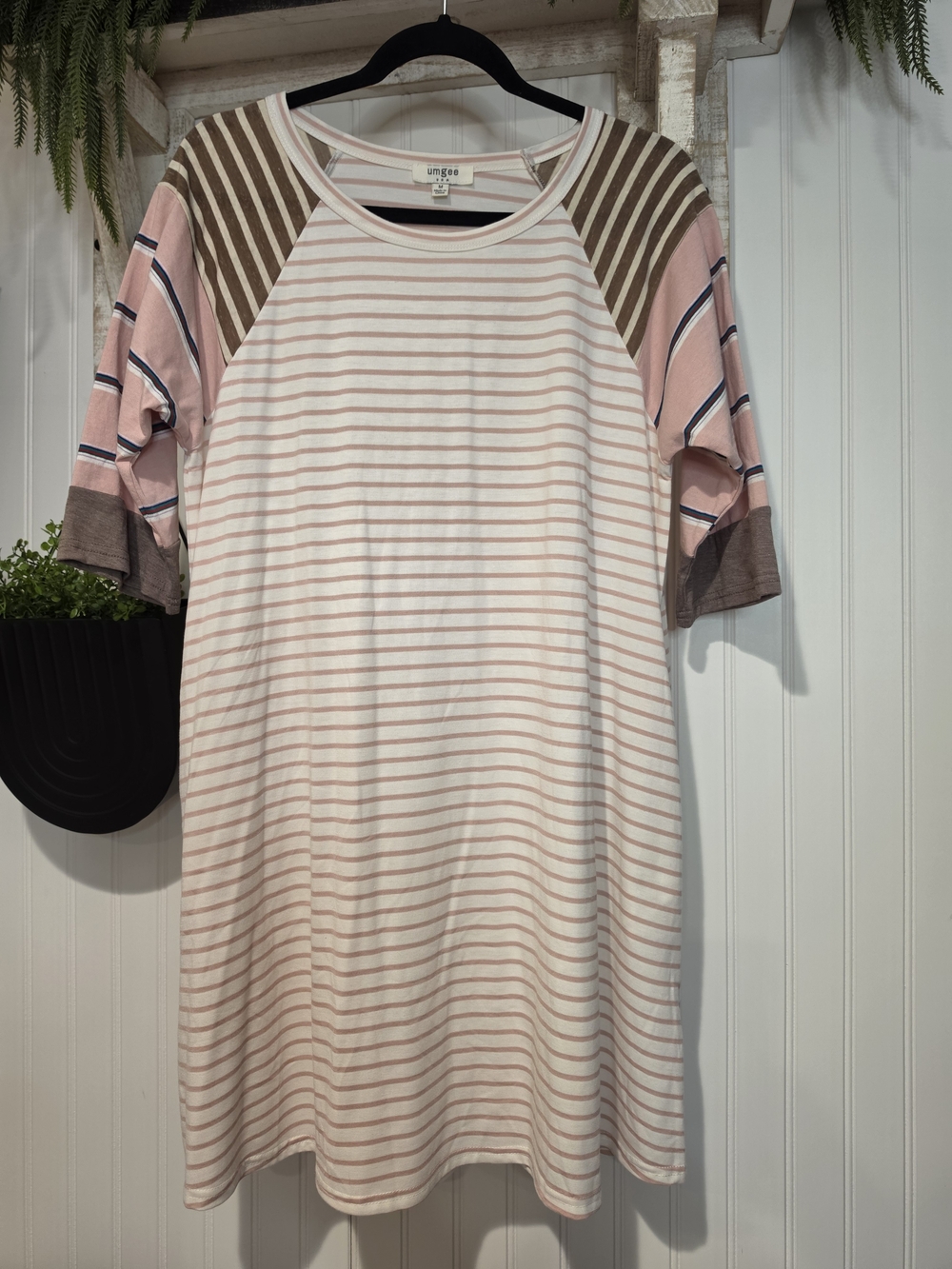 Umgee Pink, Brown and White Striped Short Sleeve Dress